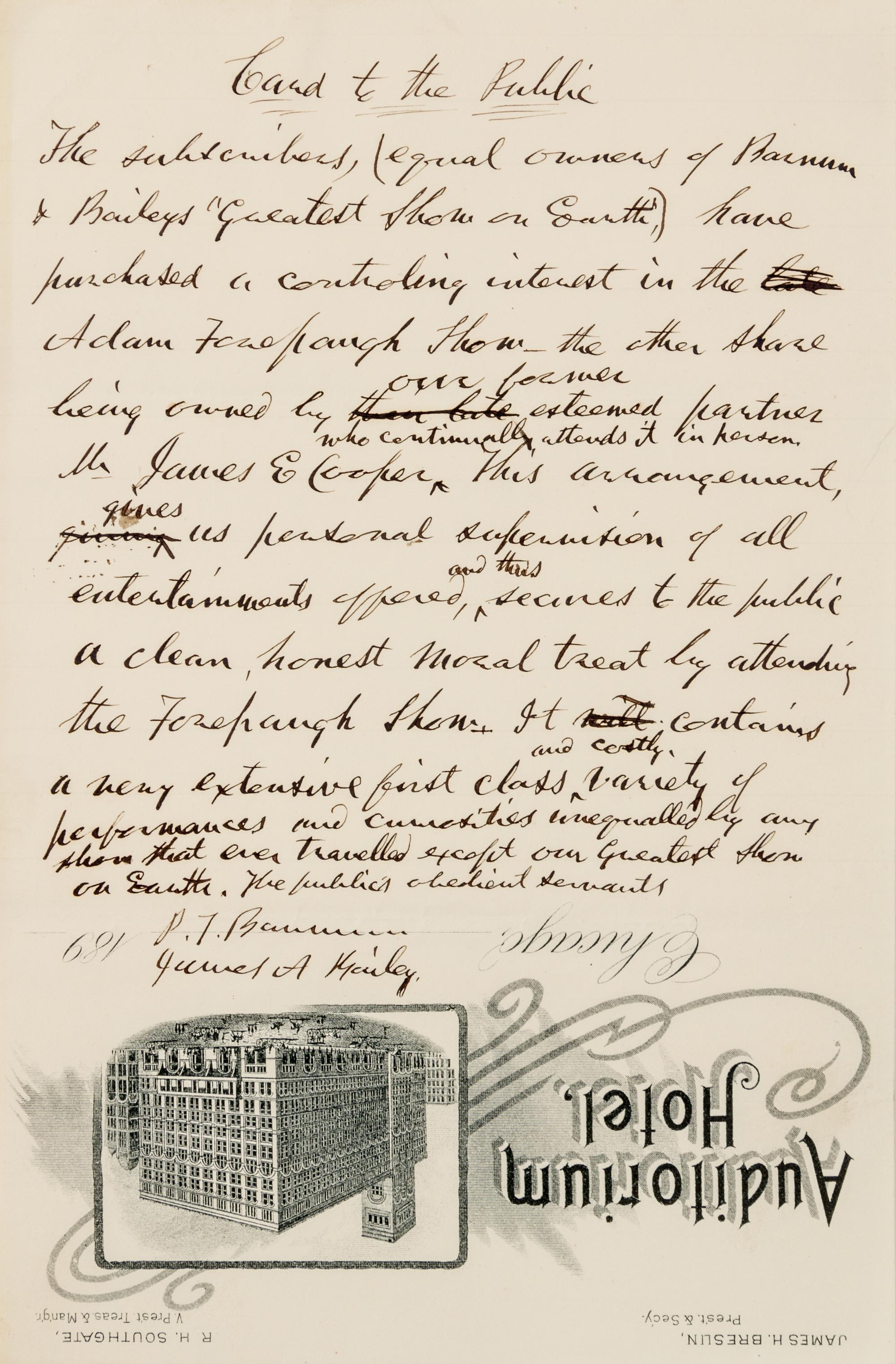 BARNUM, Phineas Taylor (1810-1891). Autograph manuscript signed ("P.T. Barnum"), "To the public," Chicago, [1890s].