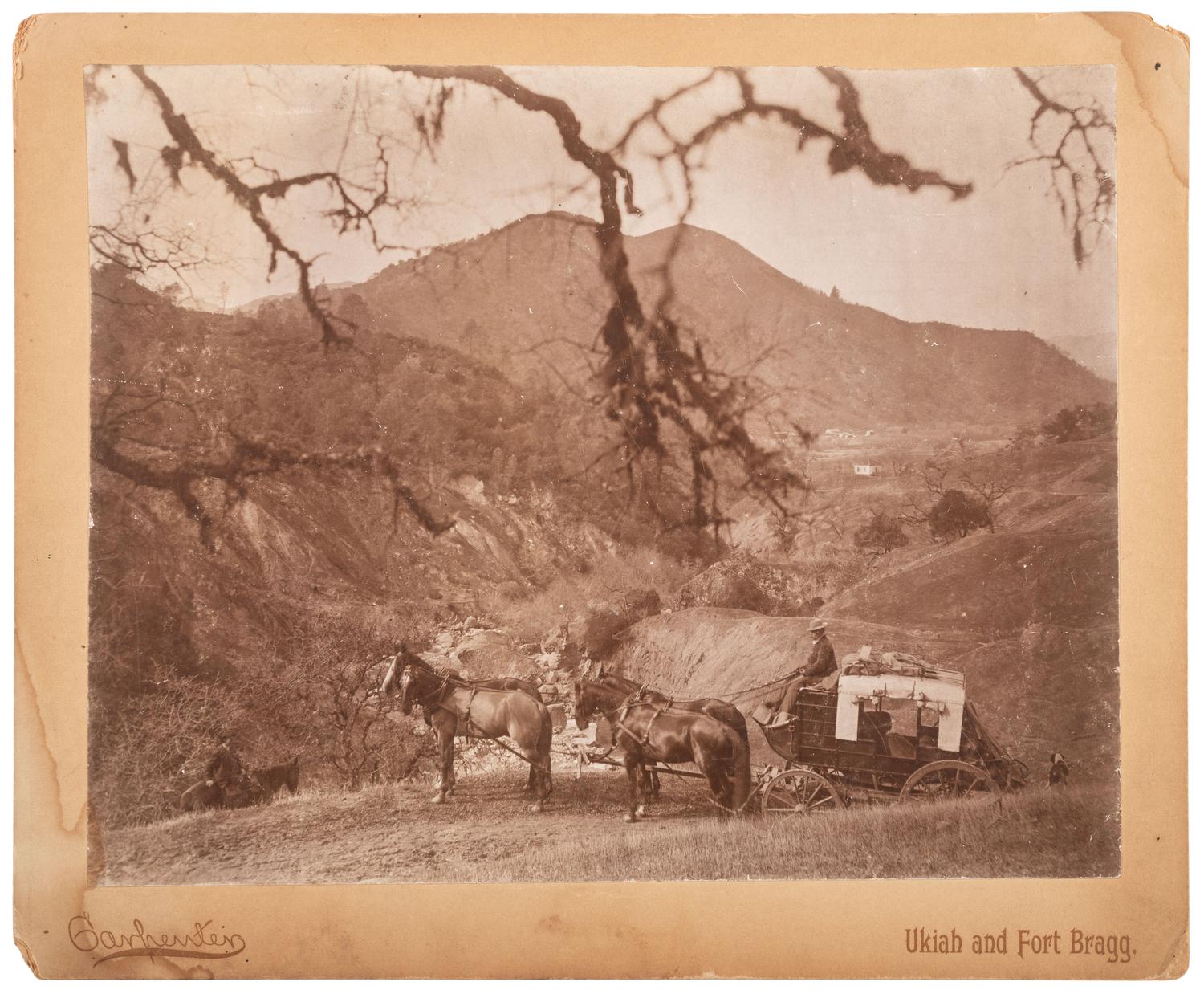 [CALIFORNIA]. Carpenter, Aurielus O. [ Unidentified Stagecoach with Small Town In Background in Northern California Foothills ], ca. 1875.