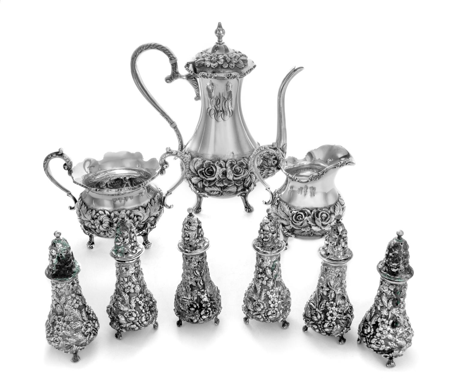 A Set of Nine American Silver Table Articles, The Steiff Co., Baltimore, MD, 1940, comprising a teapot, a creamer, a two-handled sugar