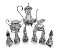 A Set of Nine American Silver Table Articles, The Steiff Co., Baltimore, MD, 1940, comprising a teapot, a creamer, a two-handled sugar