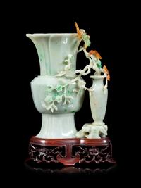 A Russet, Green and White Jadeite Double Vase Group