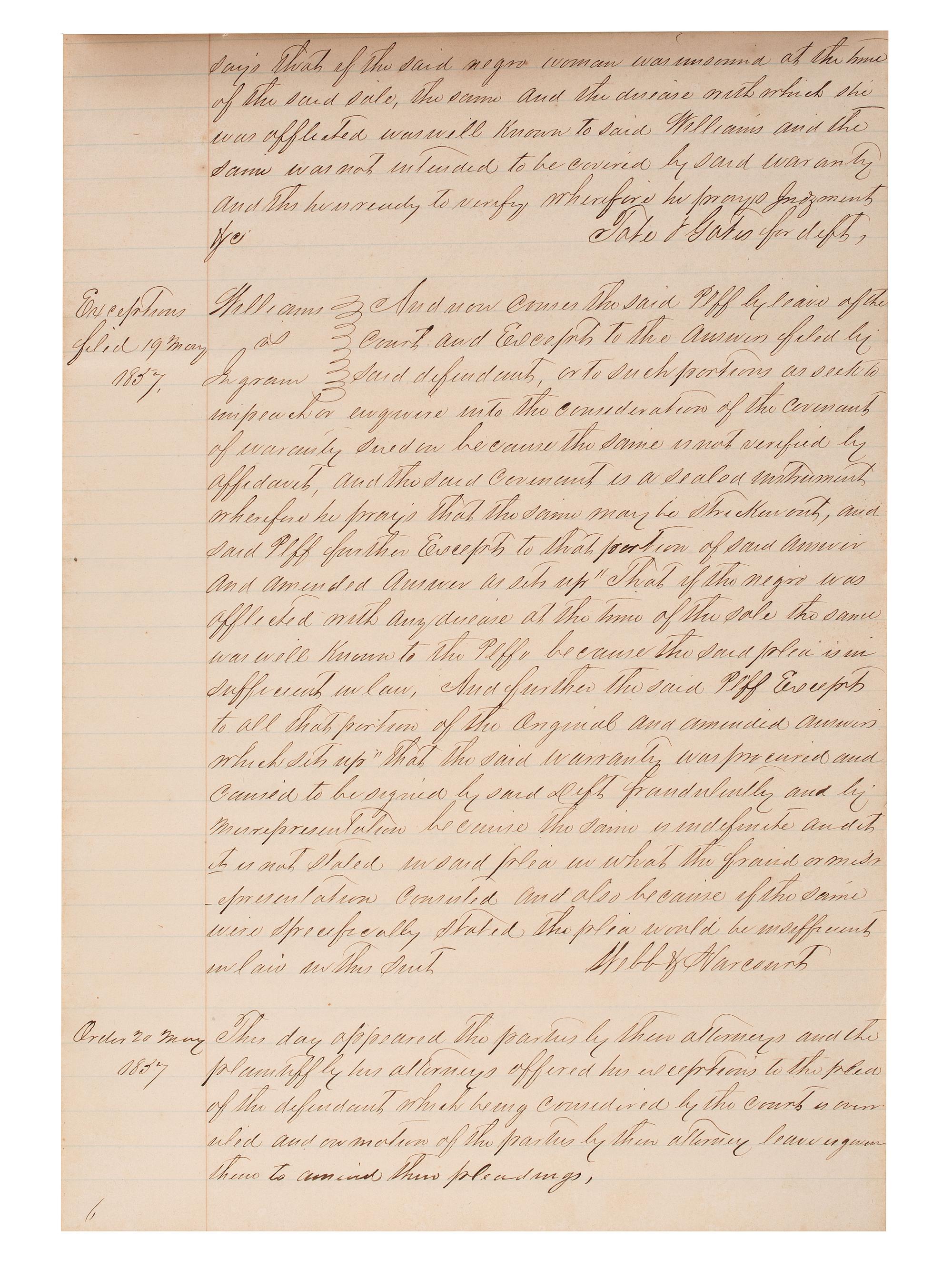 [SLAVERY & ABOLITION]. Manuscript court document related to the sale of an enslaved woman named "Frances," Fayette County, TX, 1857.