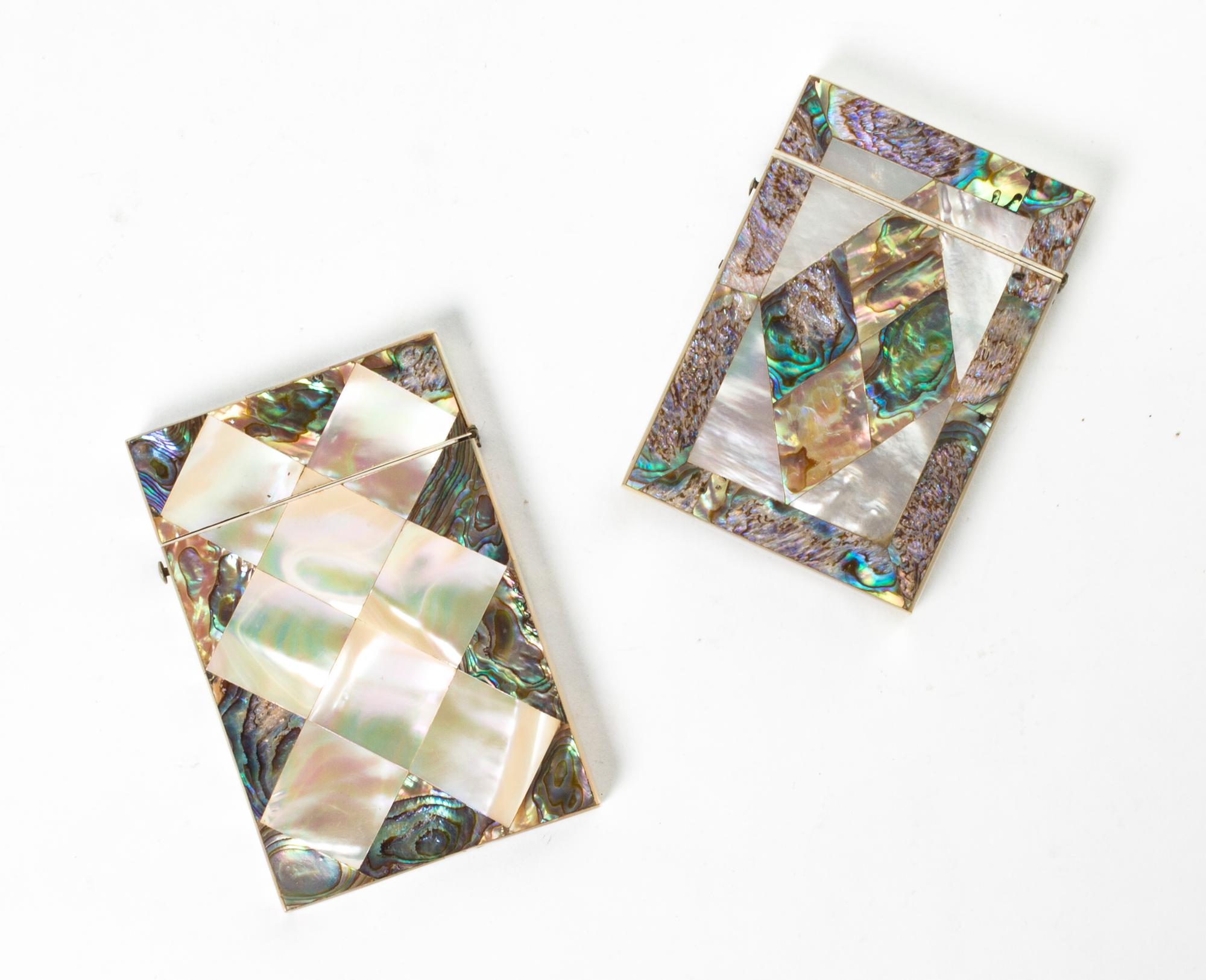 Two Mother-of-Pearl and Abalone Veneered Card Cases, Height of taller 4 inches.