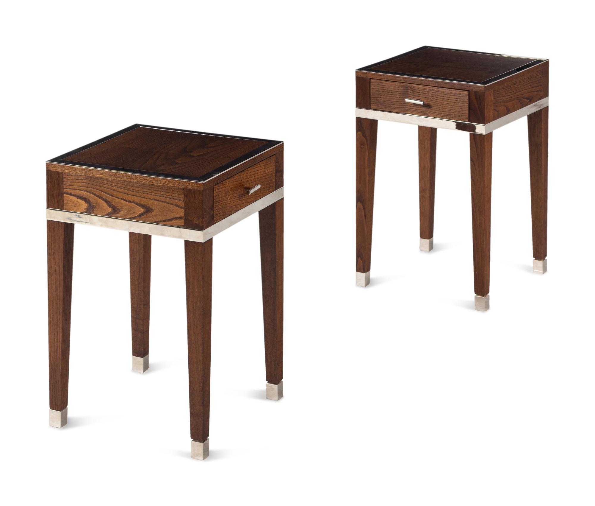 A Pair of Art Deco Style Chrome Mounted Oak Nightstands