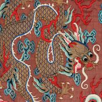 A Chinese Brown Ground Kesi Silk 'Dragon' Robe, Jifu, 19th Century 清晚期 醬地緙絲雲龍紋吉服