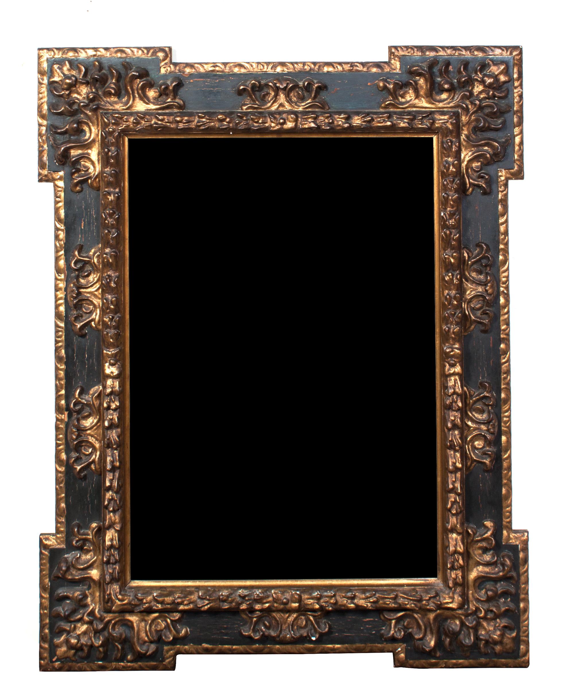 A Continental Painted and Gilt Mirror Height 55 1/2 x width 44 inches.