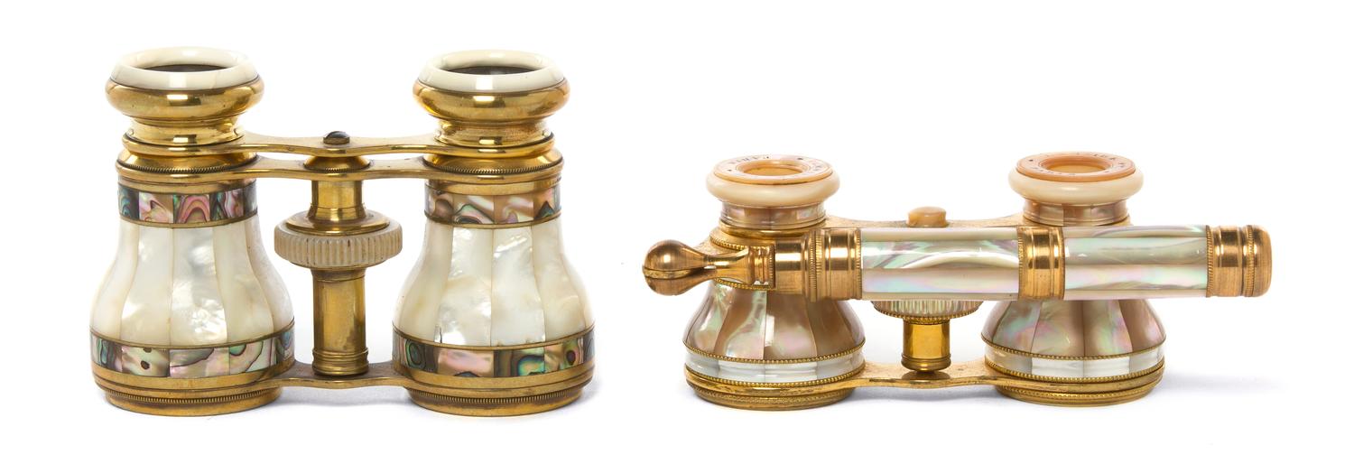 Two Pairs of French Mother-of-Pearl Veneered Opera Glasses, Width of first 4 inches.