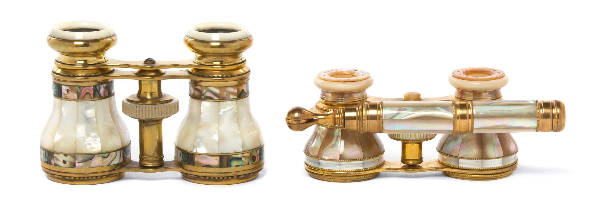 Two Pairs of French Mother-of-Pearl Veneered Opera Glasses, Width of first 4 inches.