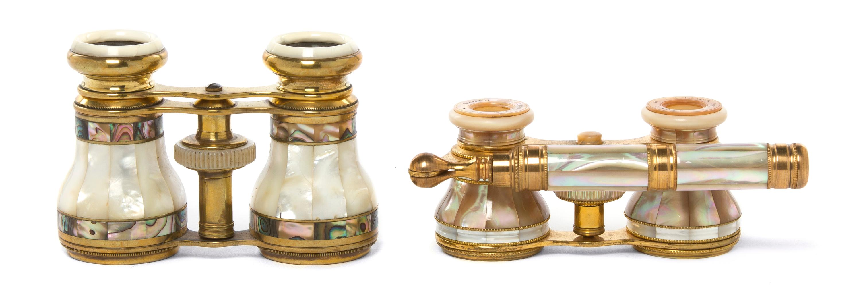 Two Pairs of French Mother-of-Pearl Veneered Opera Glasses, Width of first 4 inches.