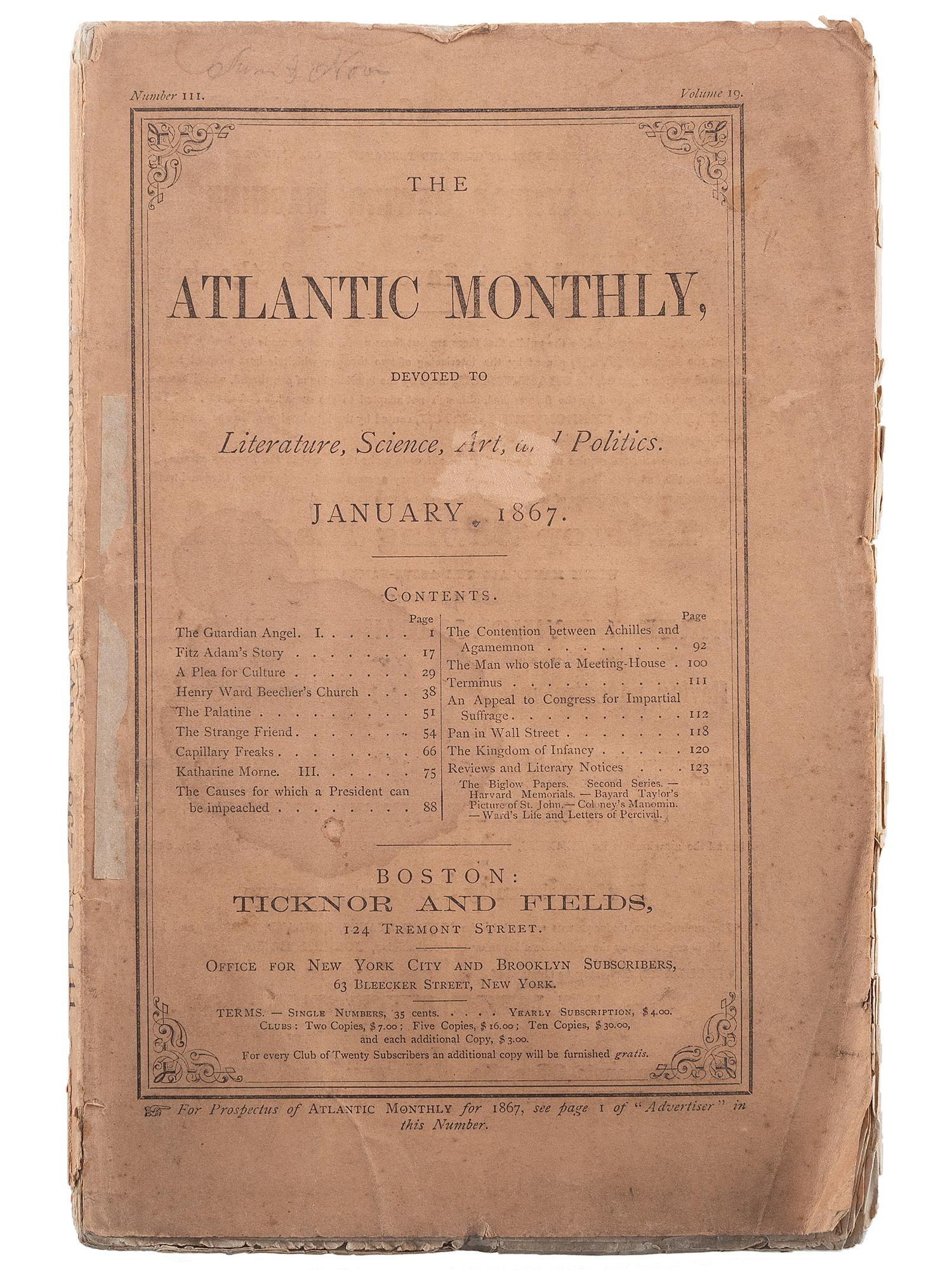 [DOUGLASS, Frederick (1818-1895)]. A group of 2 issues of The Atlantic Monthly , incl. "An Appeal to Congress for Impartial Suffrage" published anonymously by Frederick Douglass, comprising: