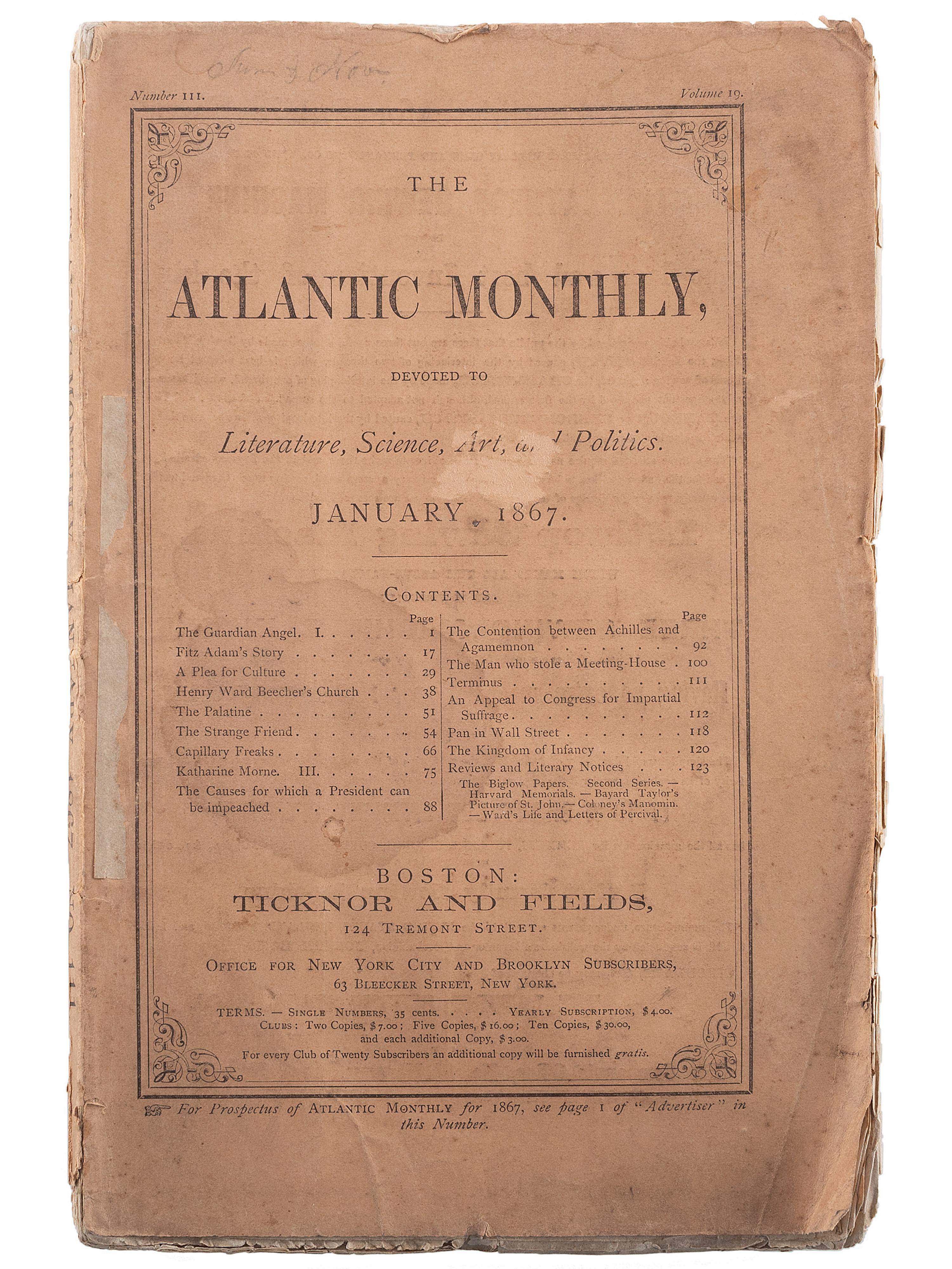 [DOUGLASS, Frederick (1818-1895)]. A group of 2 issues of The Atlantic Monthly , incl. "An Appeal to Congress for Impartial Suffrage" published anonymously by Frederick Douglass, comprising: