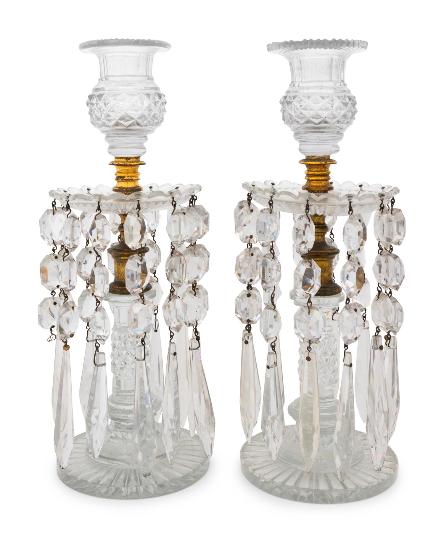 Two Cut Glass and Gilt Metal Candlesticks