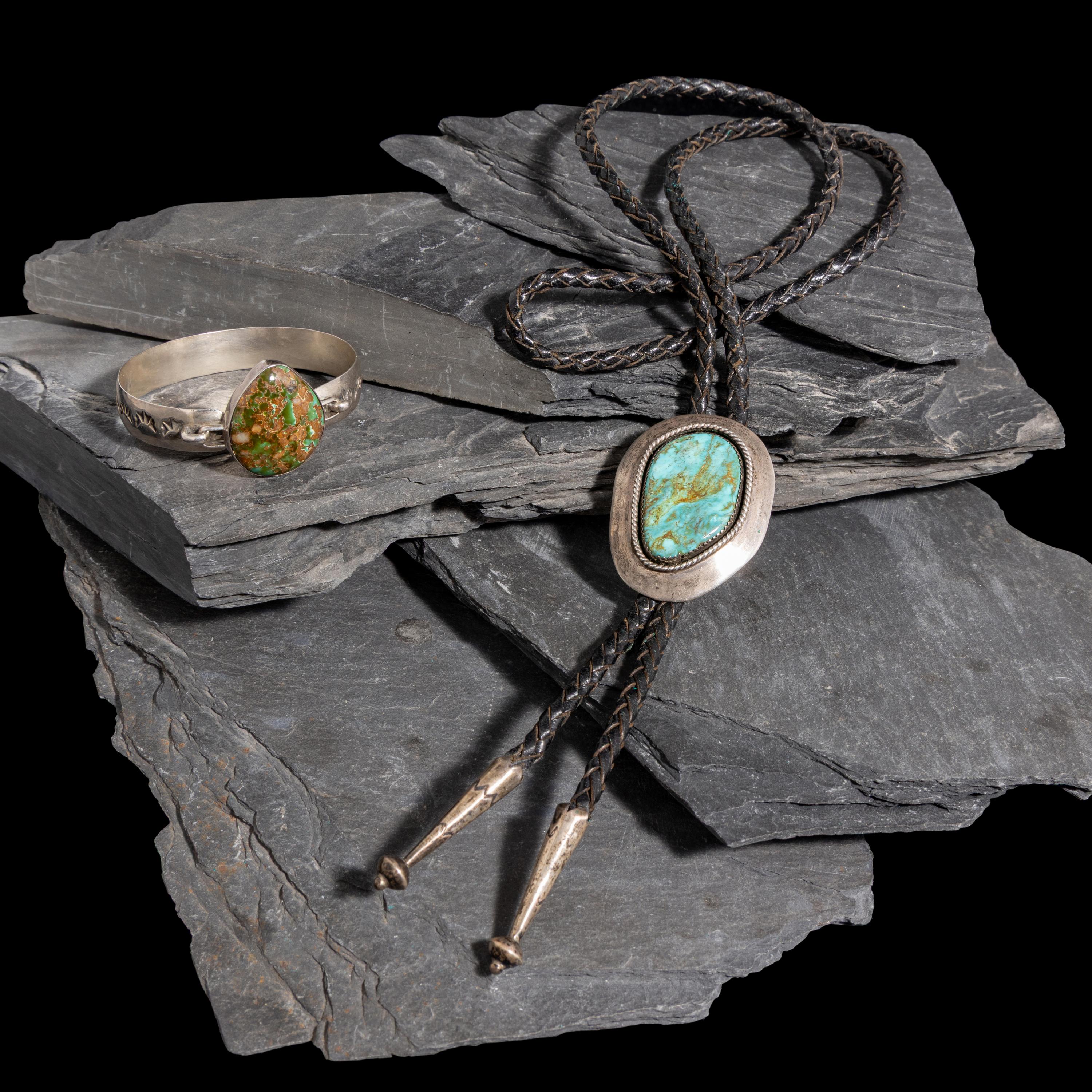Harvey Chavarria (Santa Clara, 1943-1991) — Silver and Turquoise Bracelet and Bolo Tie