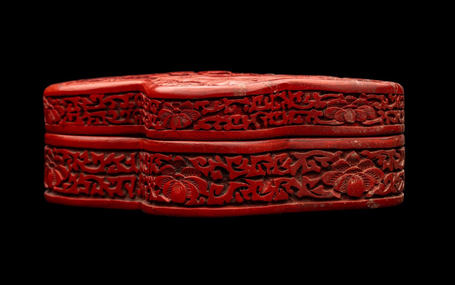 A Chinese Cinnabar Lacquer Butterfly-Form Covered Box