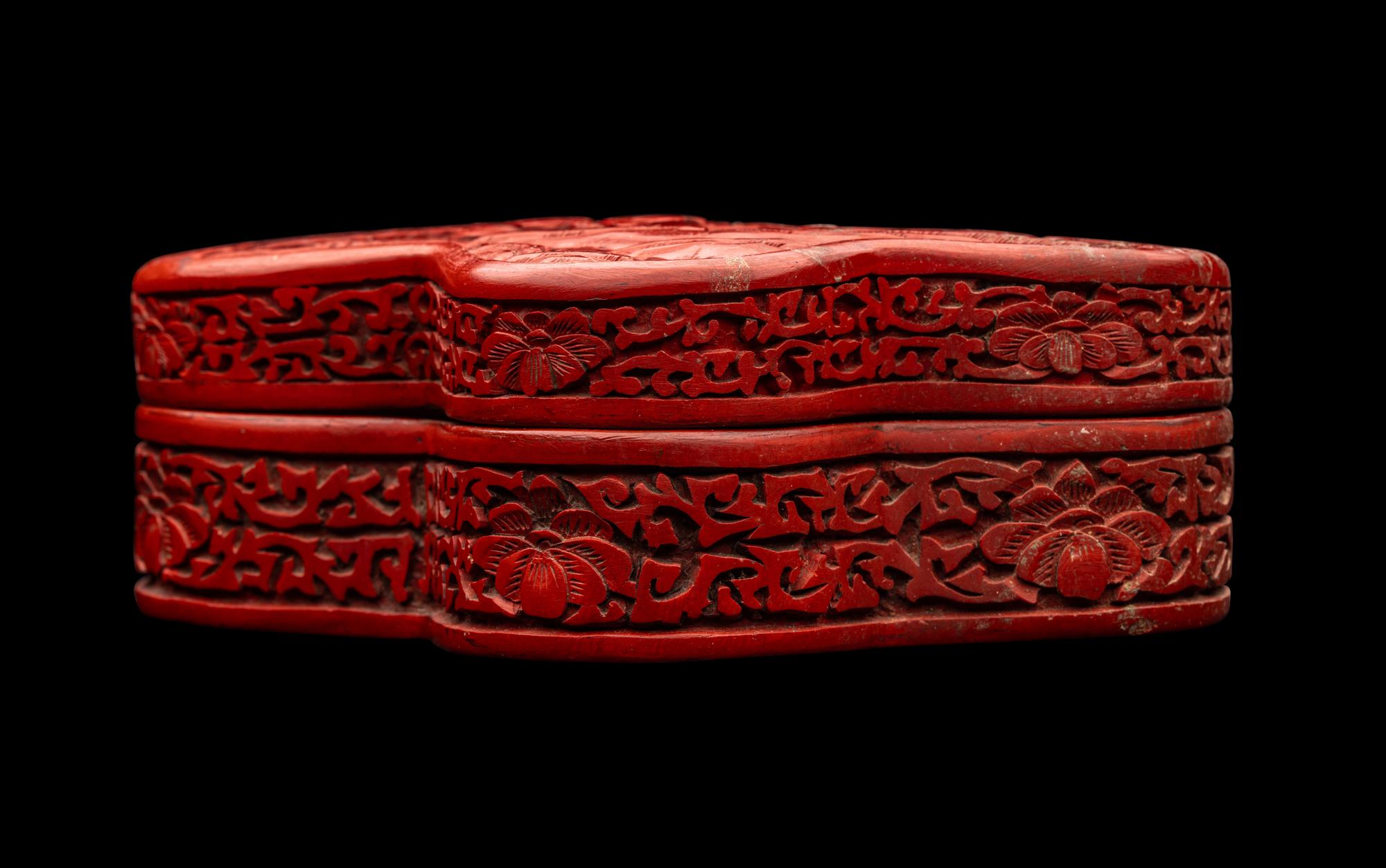 A Chinese Cinnabar Lacquer Butterfly-Form Covered Box