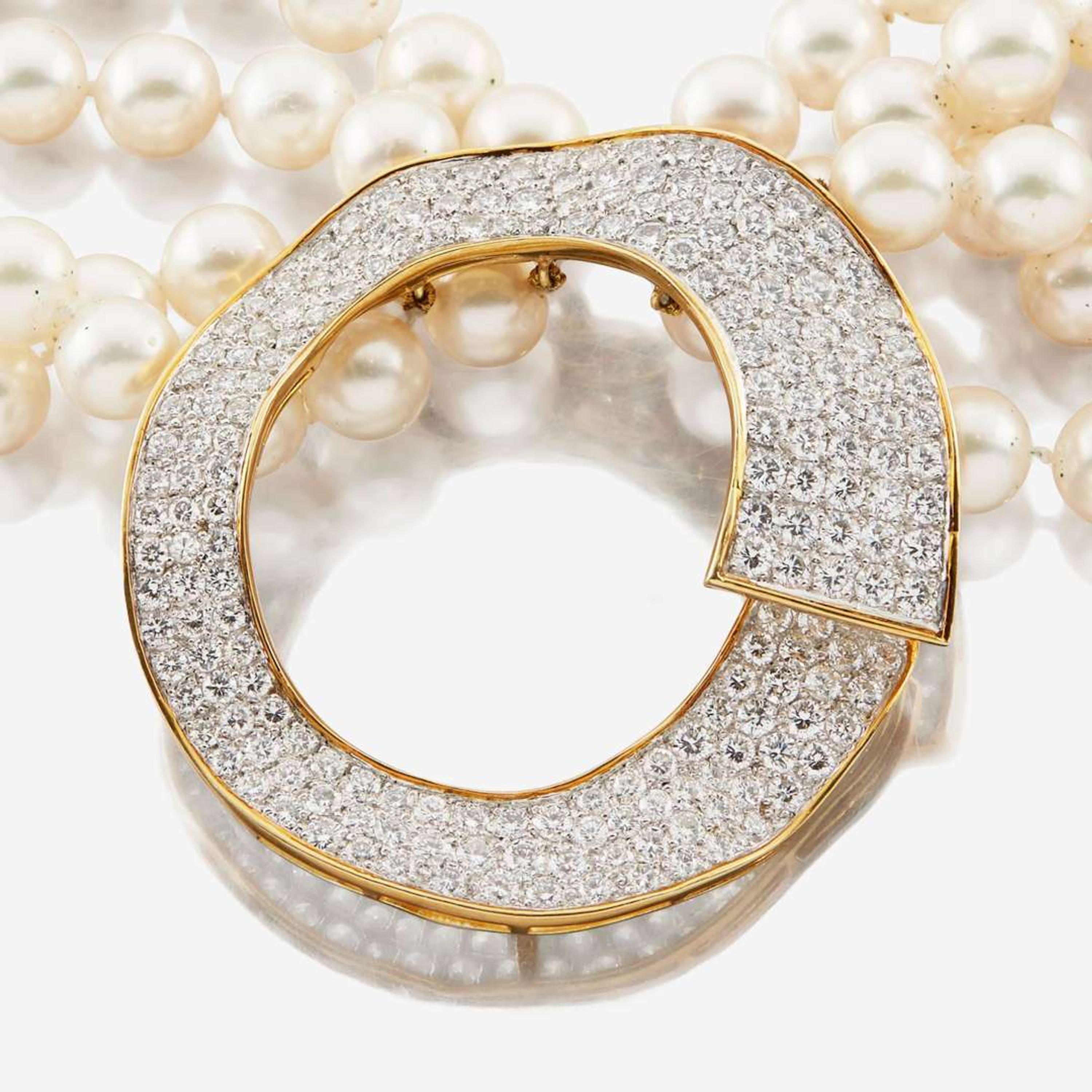 A cultured pearl, diamond, gold, and platinum necklace