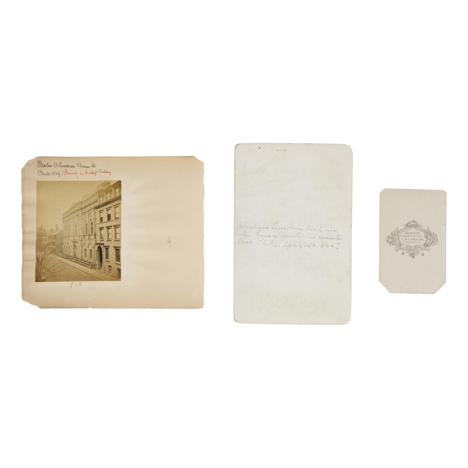 [Lincoln, Abraham]. A group of 13 photos related to Lincoln, his death, and funeral, including buildings draped in mourning.