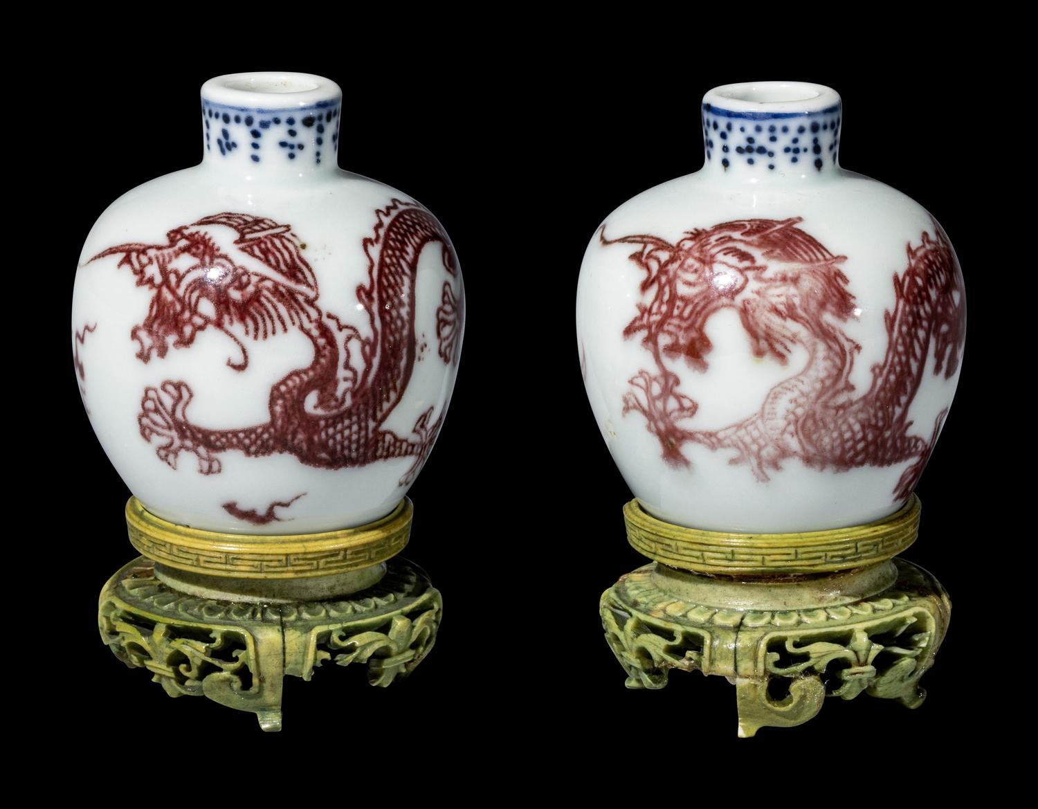 A Pair of Chinese Copper-Red Decorated Blue and White Miniature Jars