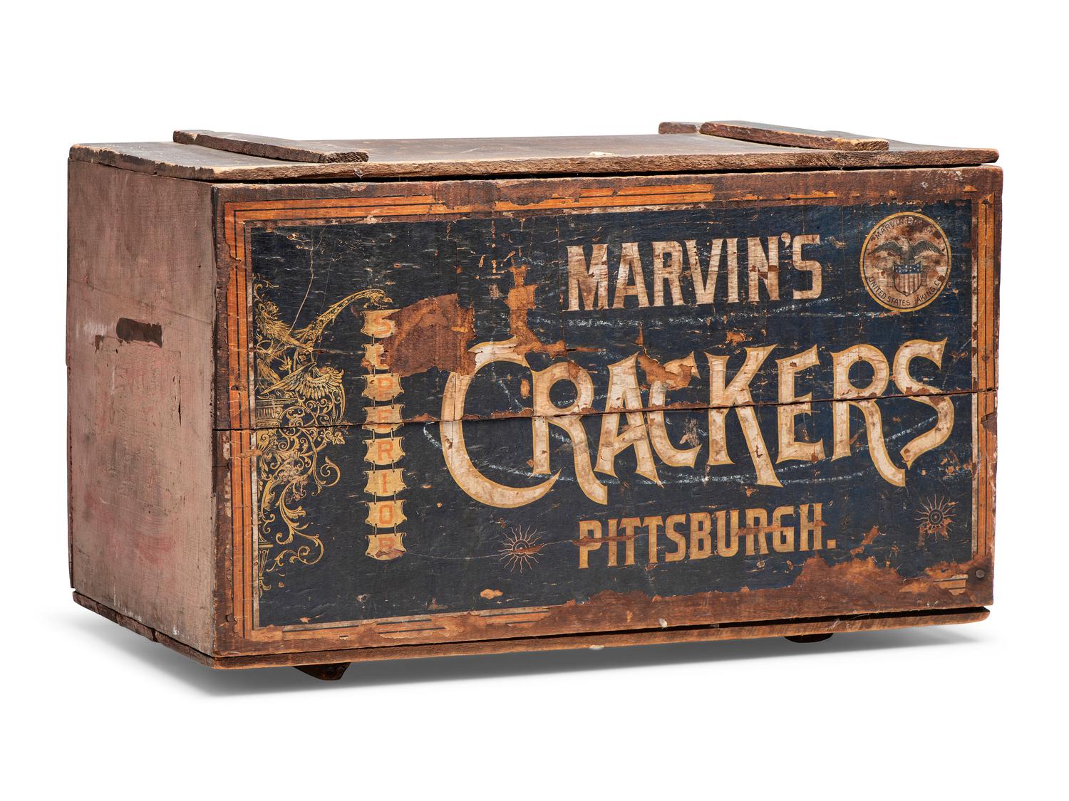 A Slat-Wood 'Marvin's Superior' Hinged-Lid Cracker Box