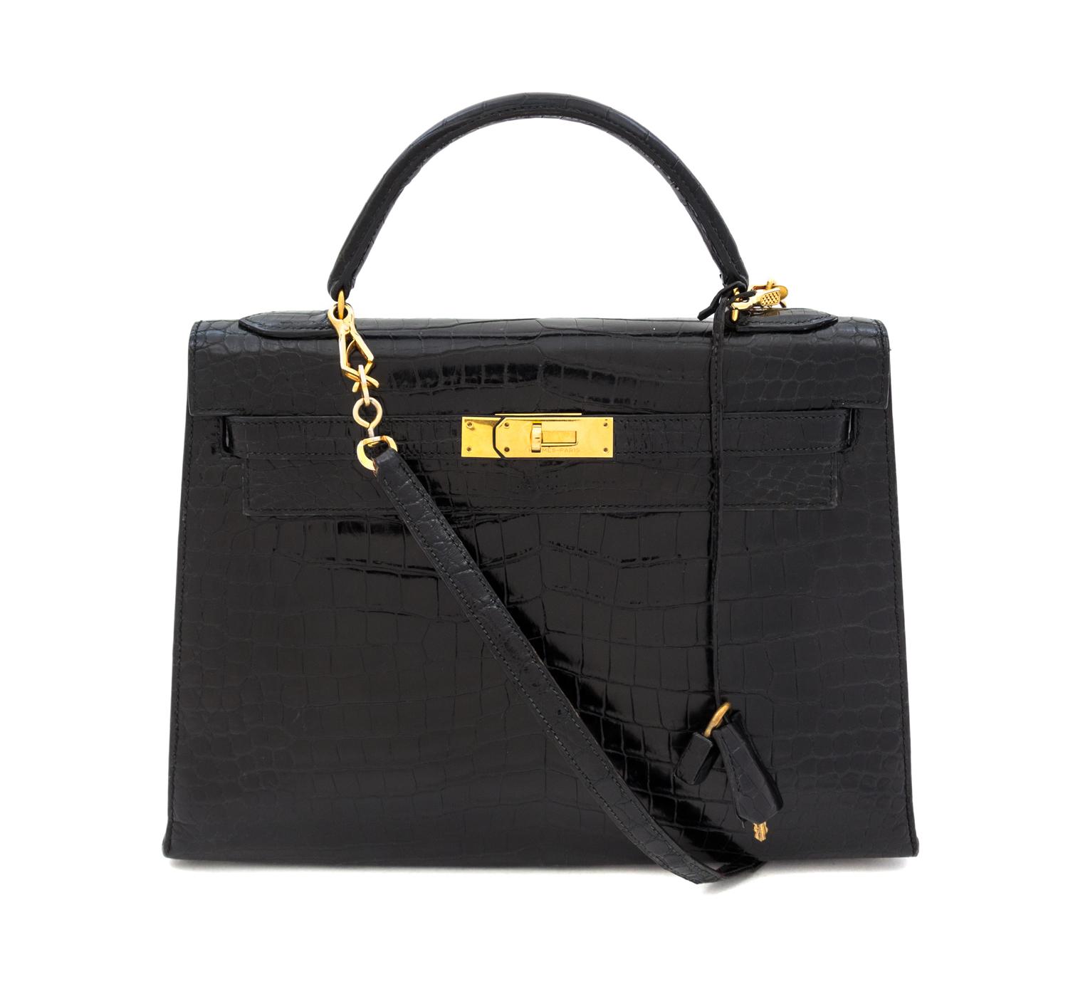 An Hermes 32cm Black Porosus Crocodile Kelly Bag, 12" x 9.5" x 4.5".