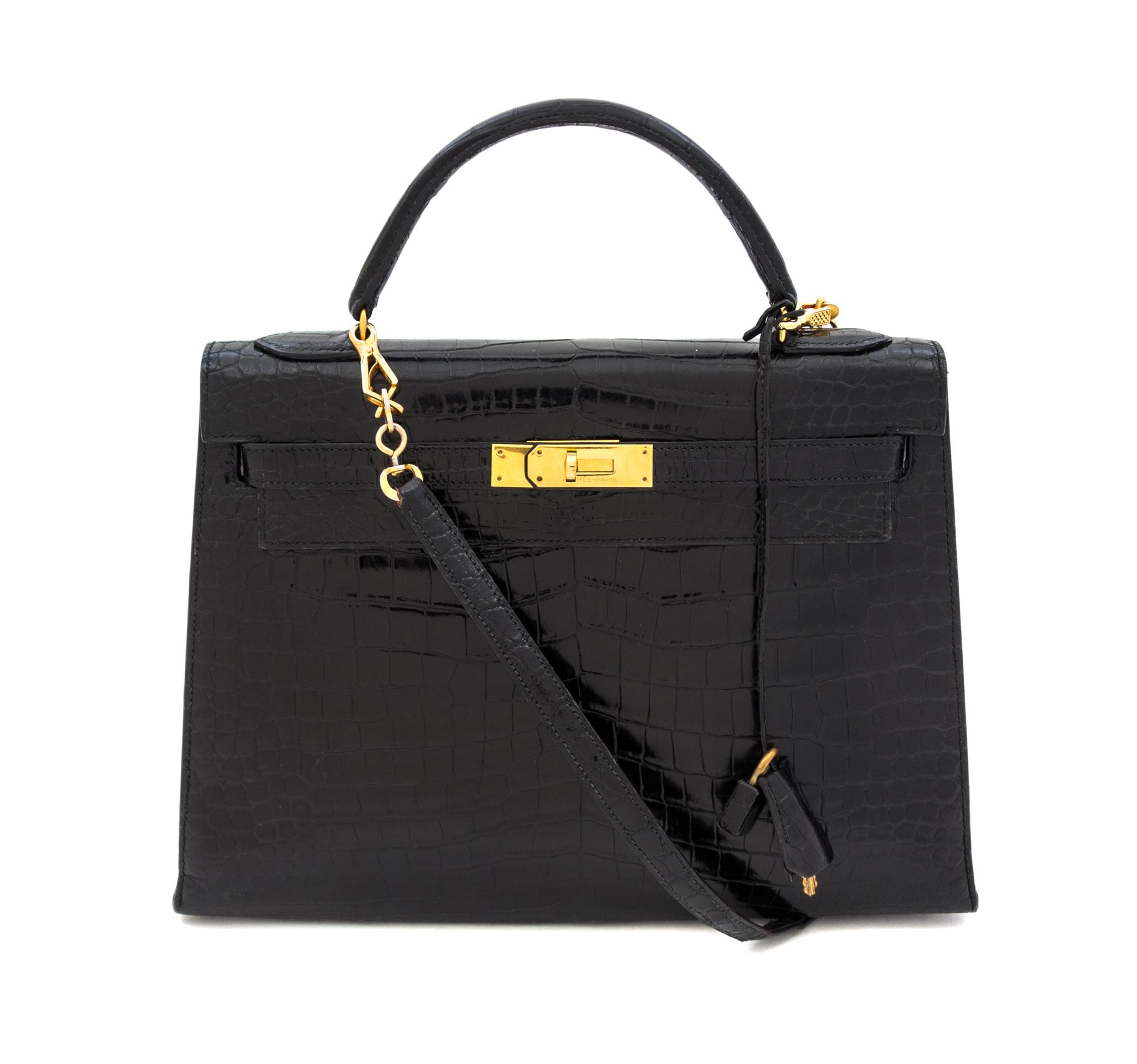 An Hermes 32cm Black Porosus Crocodile Kelly Bag, 12" x 9.5" x 4.5".
