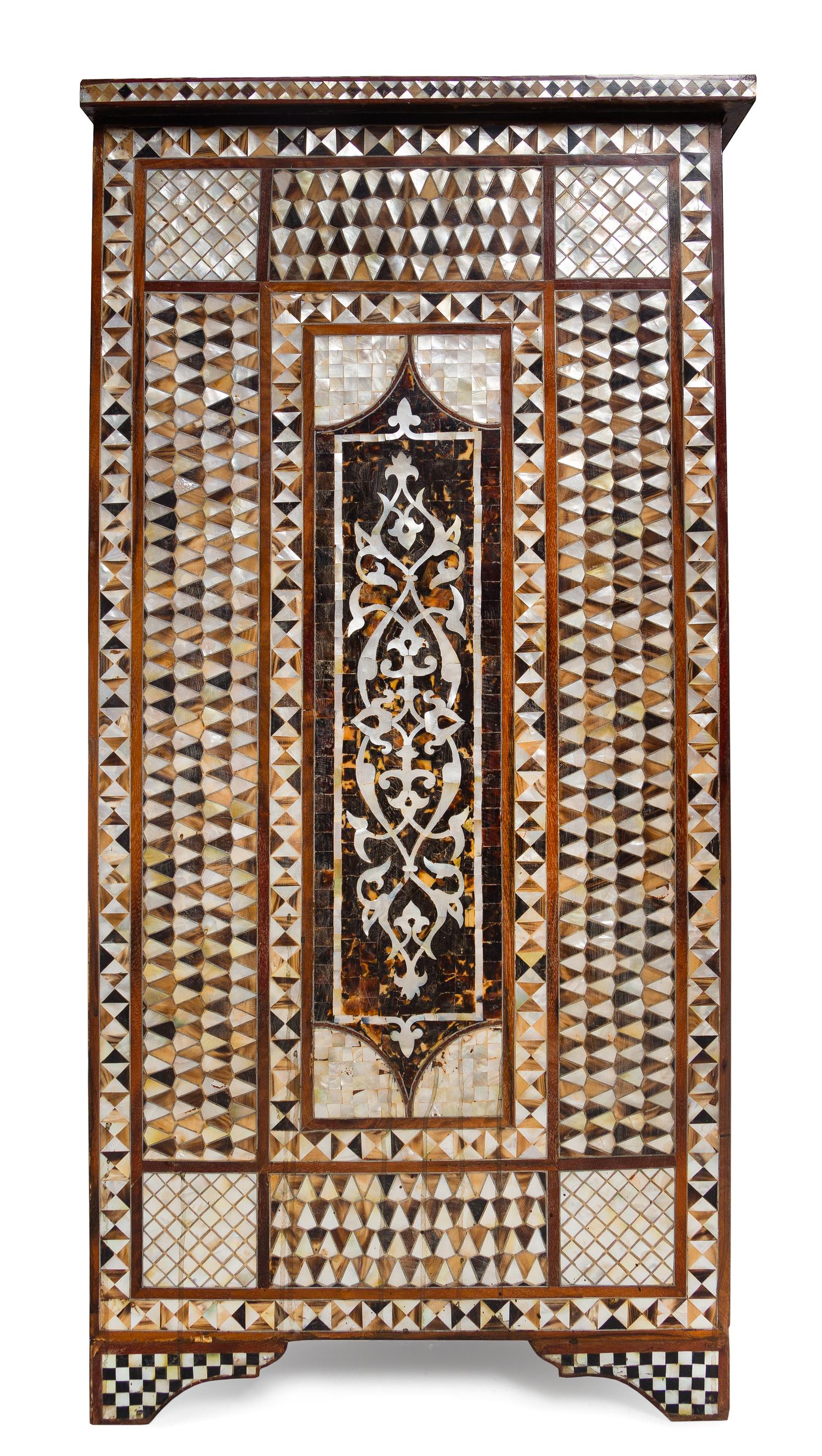 A Middle Eastern Mother-of-Pearl Inlaid Chest of Drawers Height 42 1/8 x width 41 3/8 x depth 20 7/8 inches. — 20TH CENTURY
