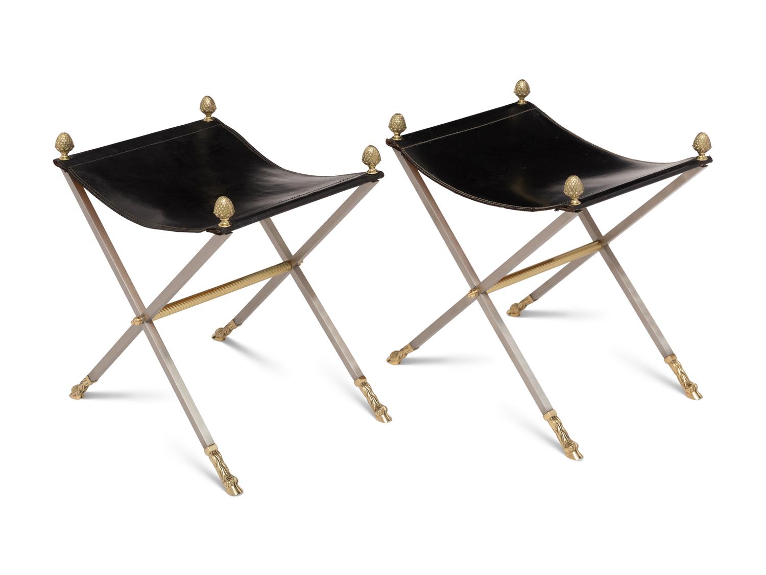 A Pair of Steel and Leather Campaign Stools