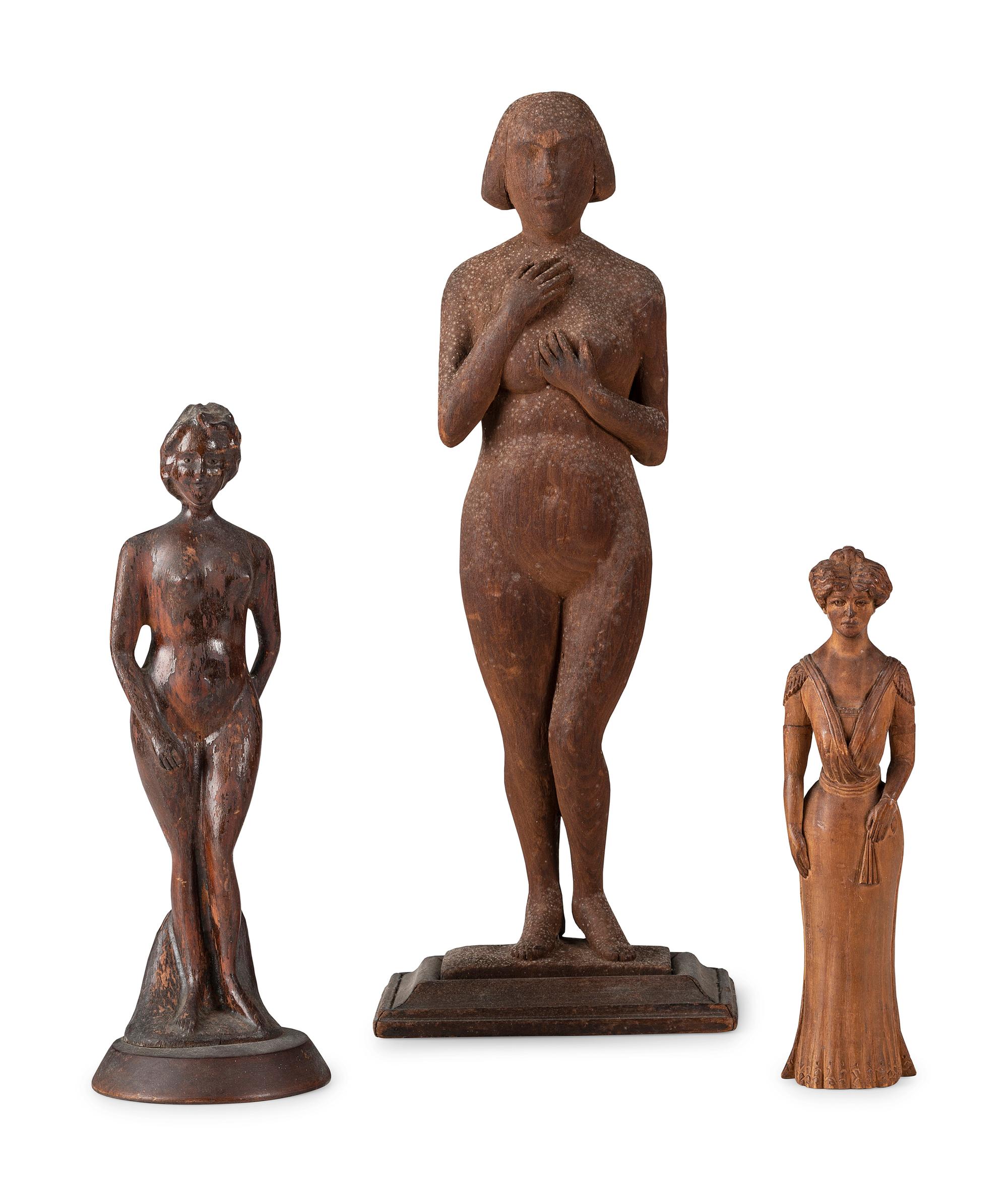Three Carved Wooden Standing Female Figures