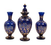A French Gilt Cobalt Glass Three-Piece Garniture
