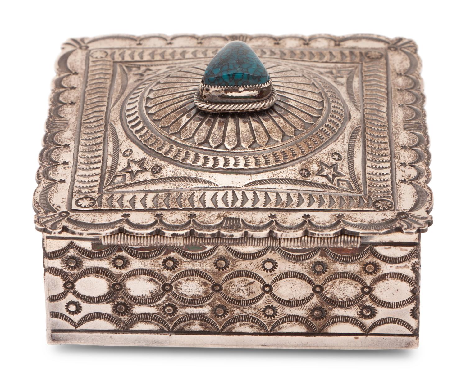 Heavily Stamped Sterling Silver and Turquoise Lidded Box