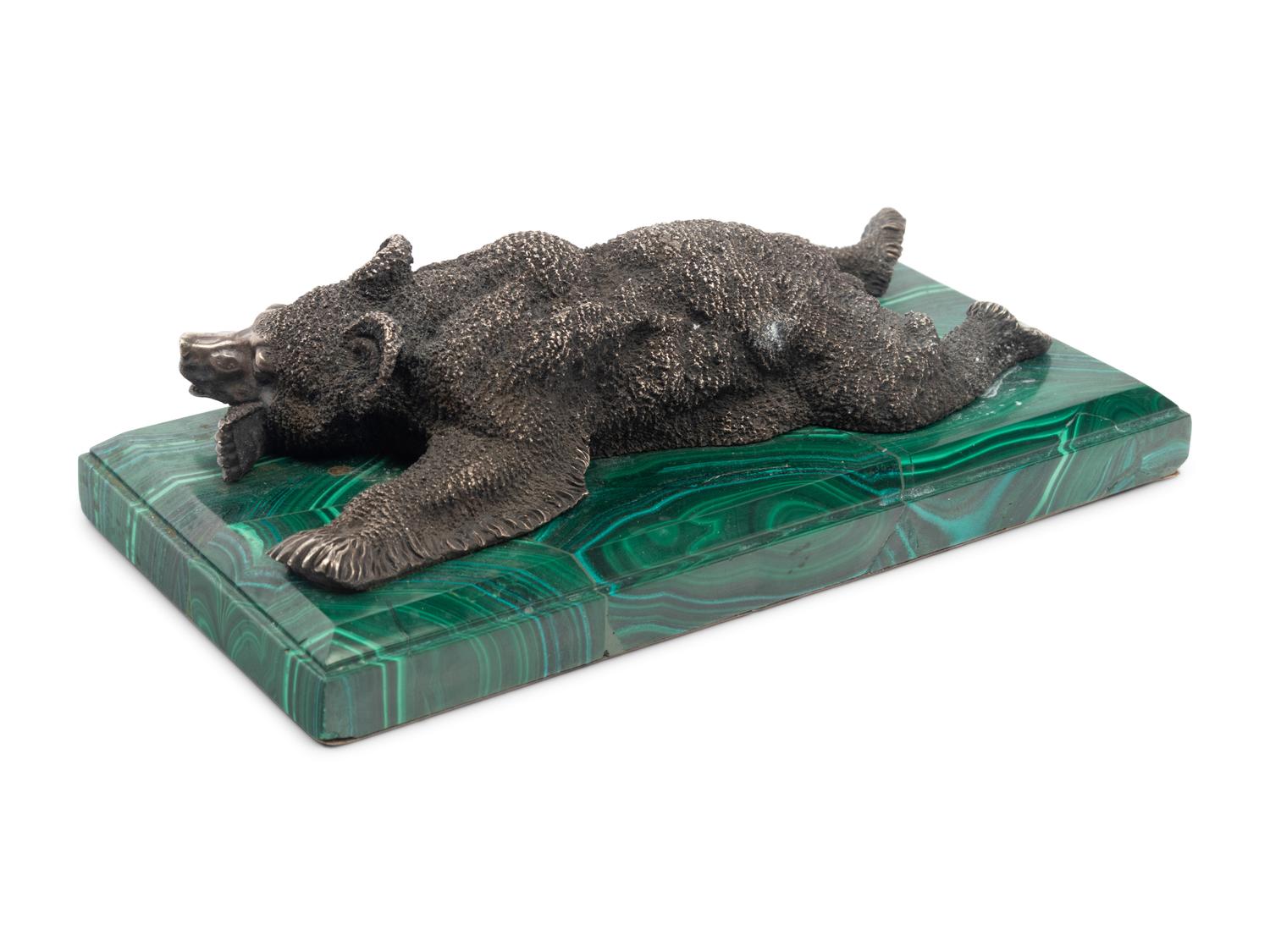 A Russian Silver and Malachite Bear Figure