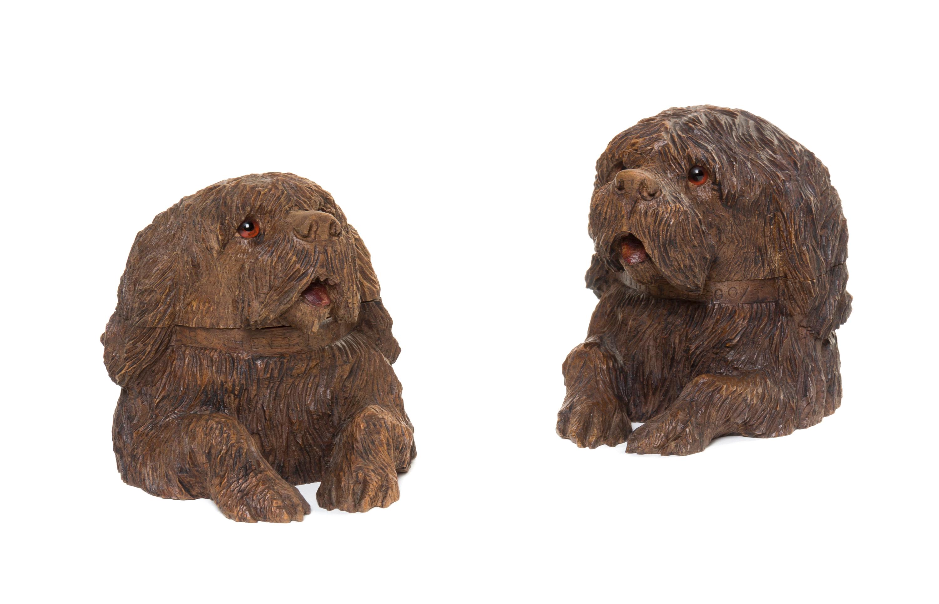A Pair of Black Forest Carved Fruitwood Inkwells, Height of taller 3 3/8 inches.