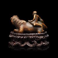 A Chinese Bronze 'Monkey on Horse' Figural Group with Wood Stand — 馬上封侯銅鎮紙配木座