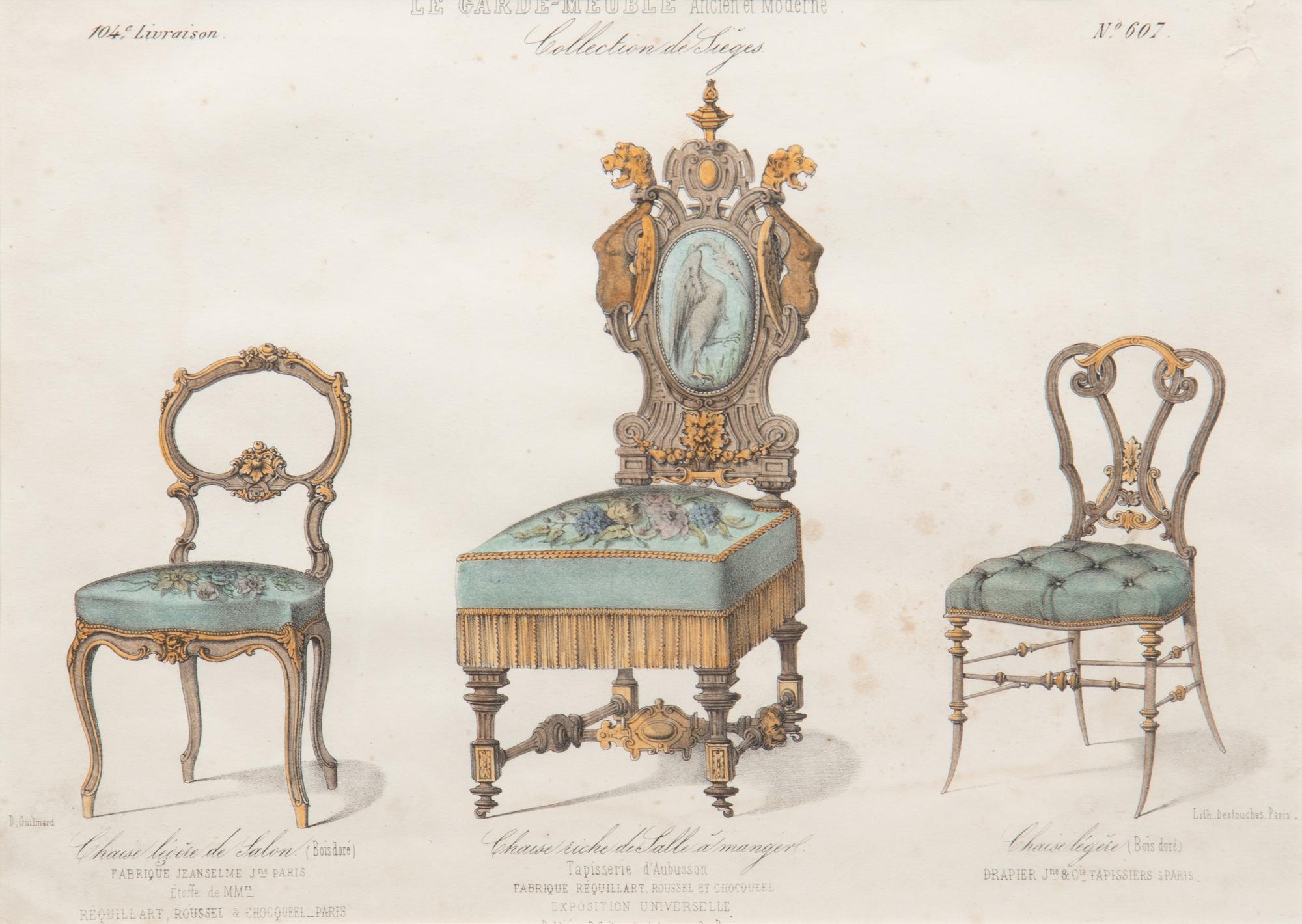 A Set of Eleven Giltwood-Framed French Colored Furniture Engravings