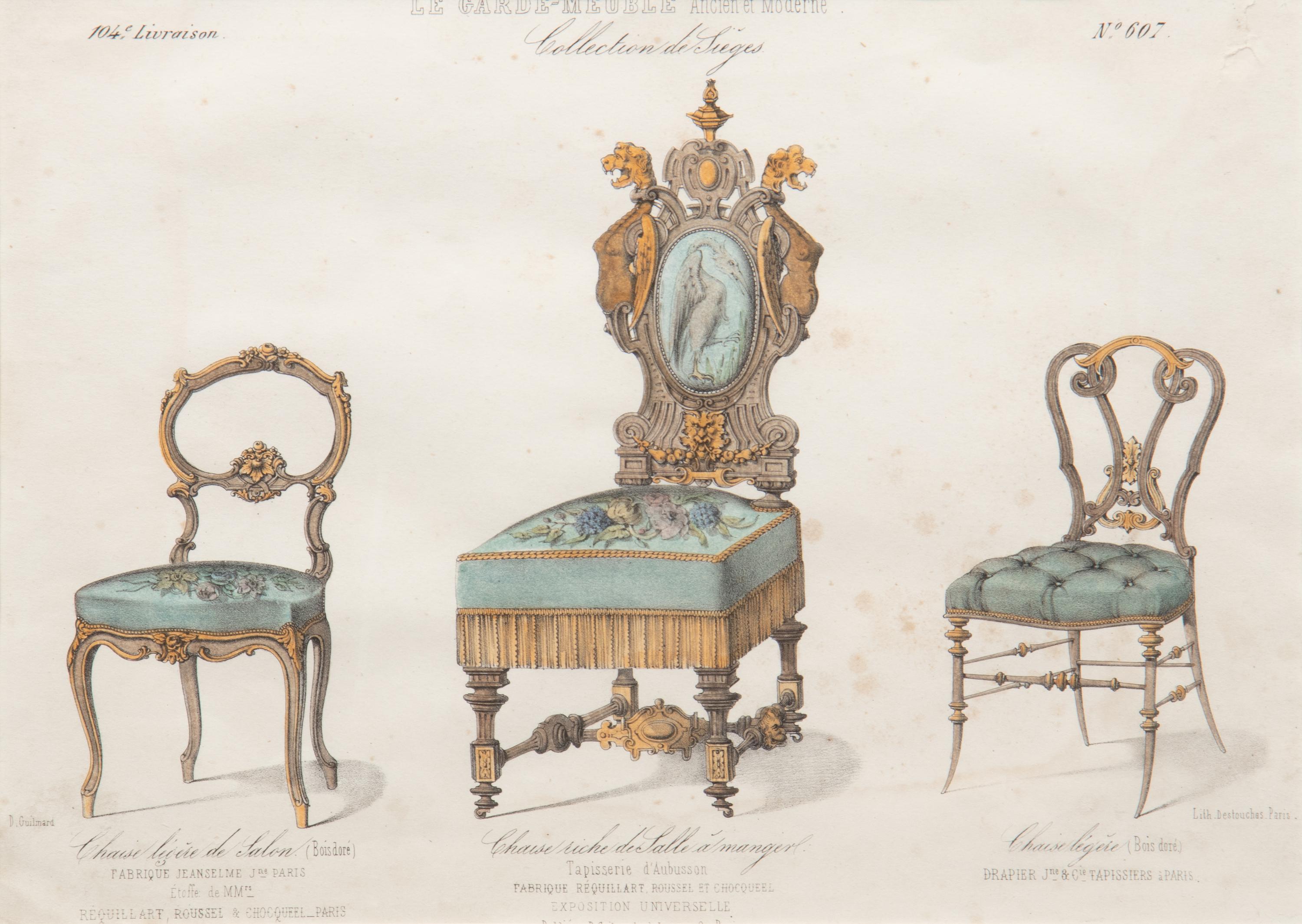 A Set of Eleven Giltwood-Framed French Colored Furniture Engravings