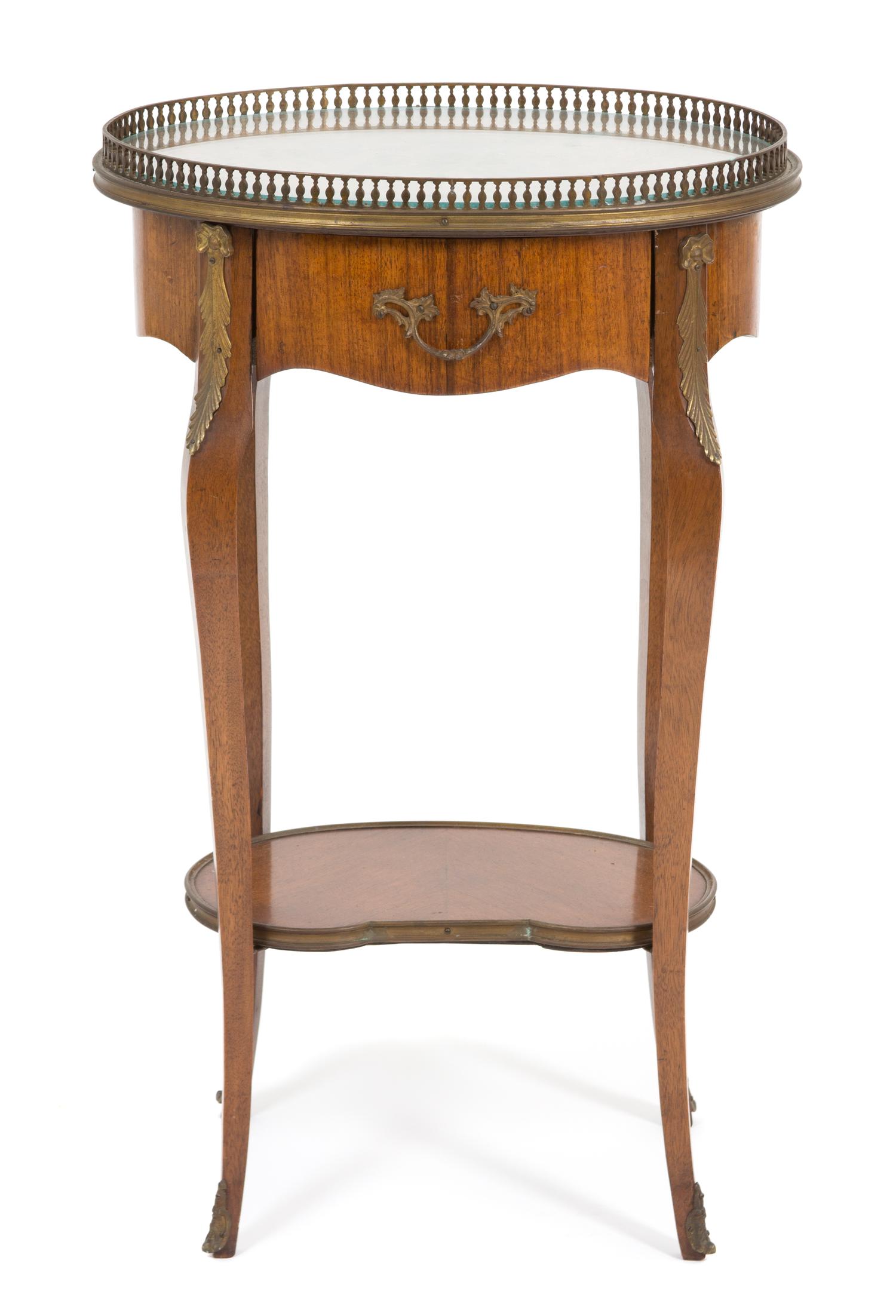 A Louis XV/XVI Transitional Style Parquetry Inlaid Side Table Height 30 1/4 x width 19 x depth 12 inches.