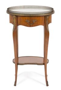 A Louis XV/XVI Transitional Style Parquetry Inlaid Side Table Height 30 1/4 x width 19 x depth 12 inches.
