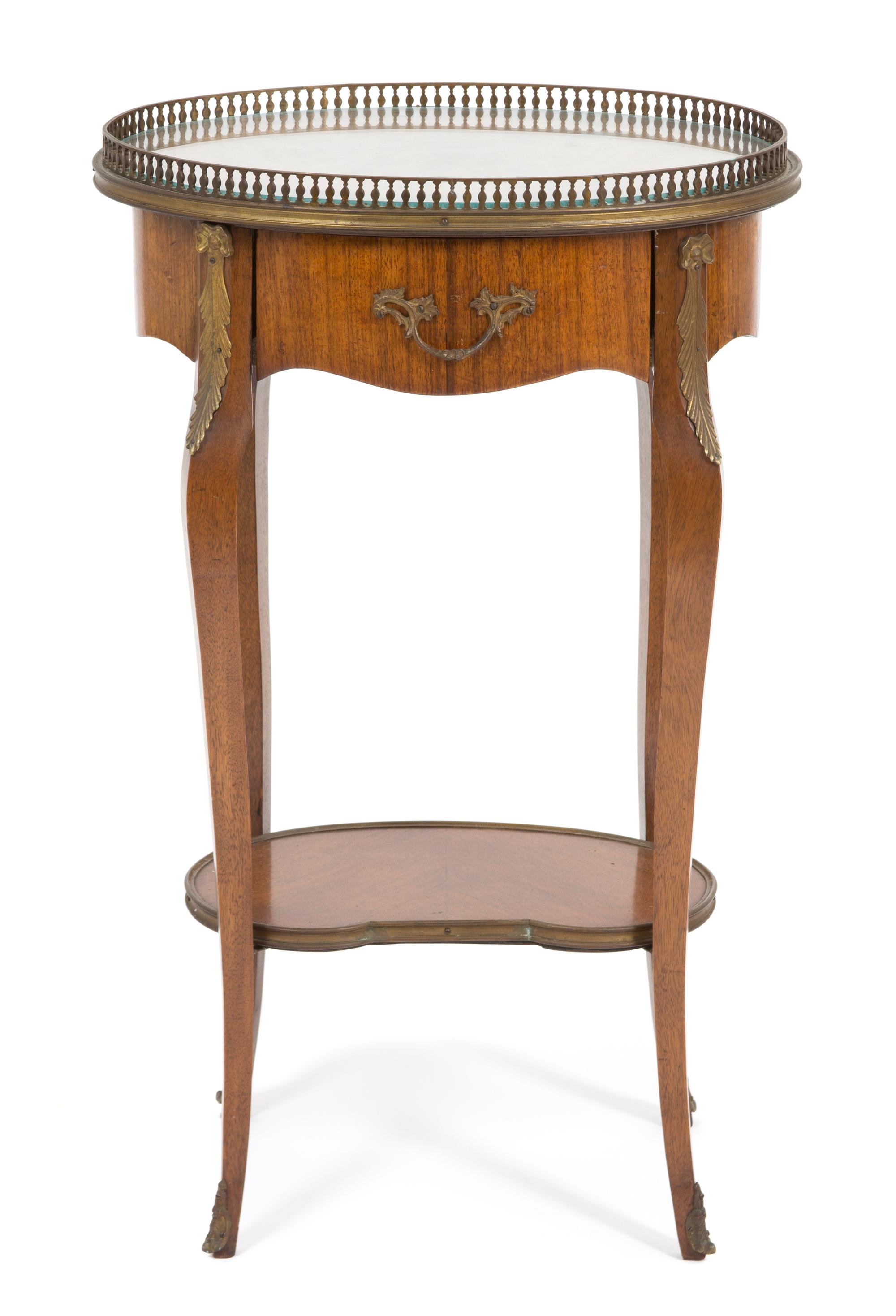 A Louis XV/XVI Transitional Style Parquetry Inlaid Side Table Height 30 1/4 x width 19 x depth 12 inches.