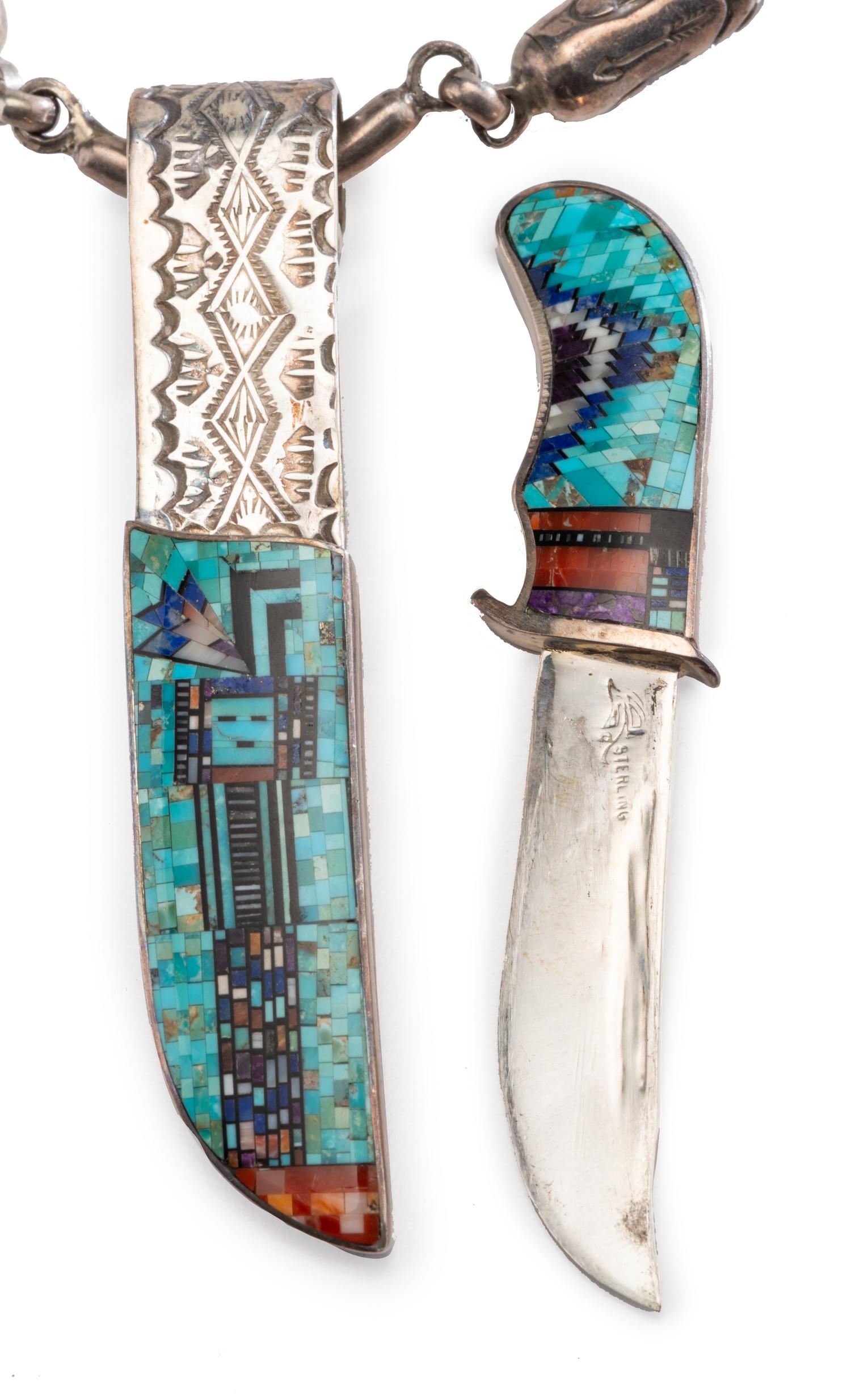 Sterling Silver Necklace, with Micro Mosaic Inlay Pocket Knife Pendant Lot is located and will ship from Denver, Colorado.