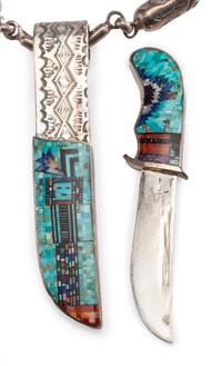Sterling Silver Necklace, with Micro Mosaic Inlay Pocket Knife Pendant Lot is located and will ship from Denver, Colorado.