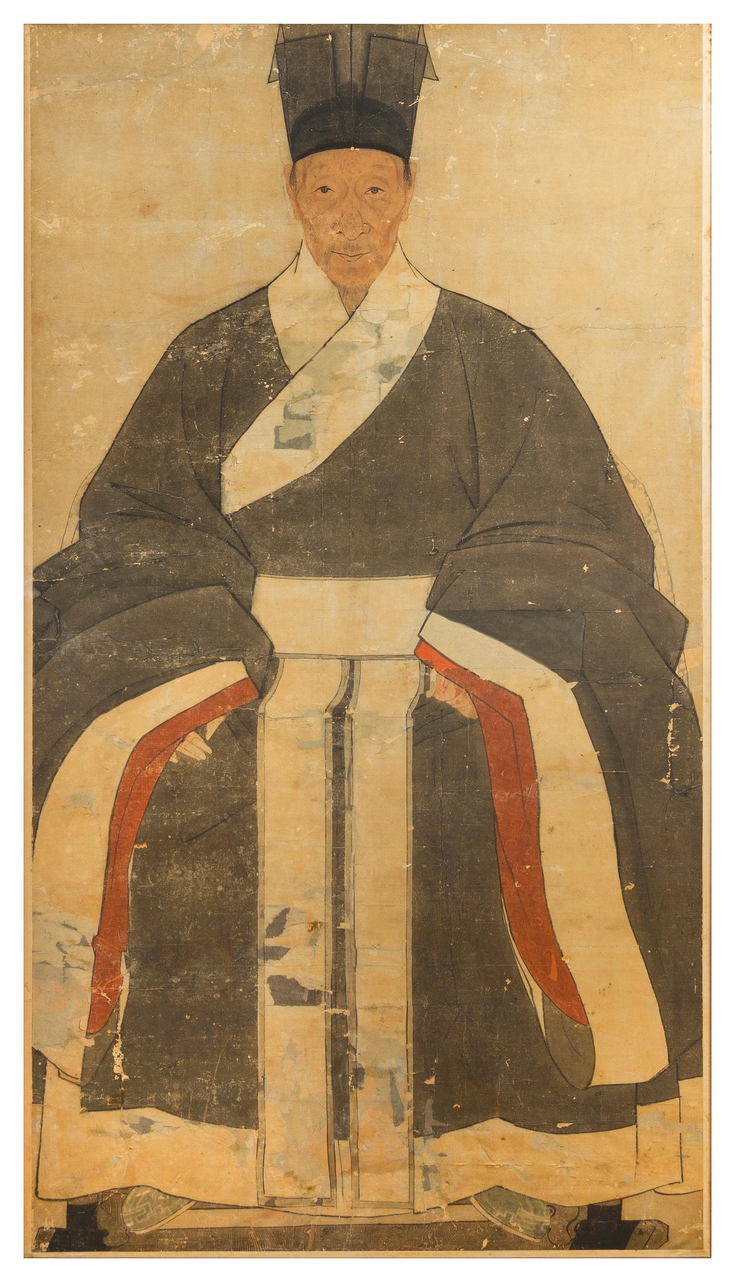 A Korean Portrait of an Official, , the figure seated wearing voluminous draped robes and a high official's hat, the face with a calm e