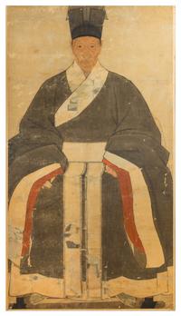 A Korean Portrait of an Official, , the figure seated wearing voluminous draped robes and a high official's hat, the face with a calm e
