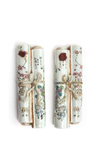 Two Chinese Famille Rose Scroll-Form Wall Vases