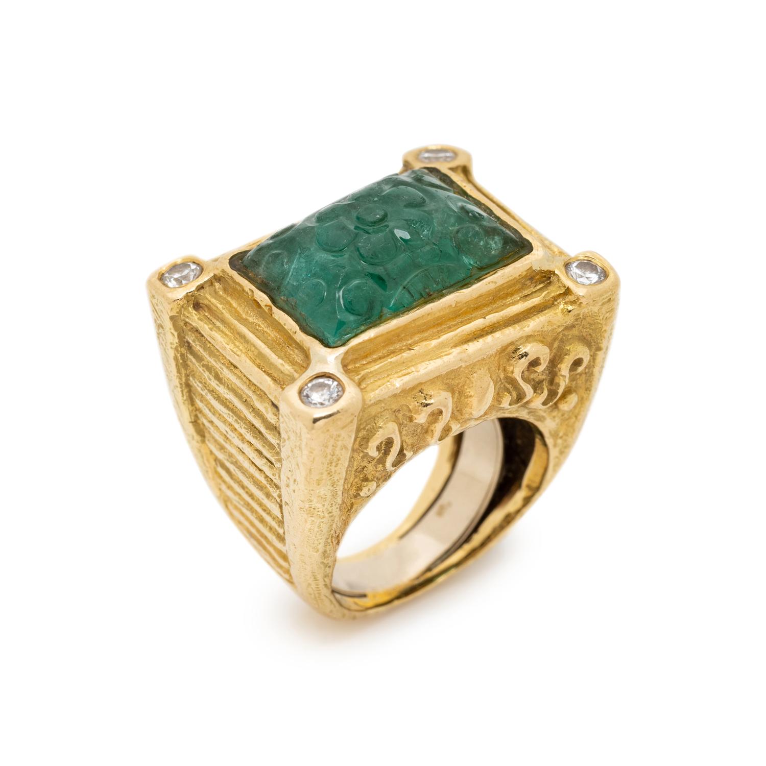 KATY BRISCOE, YELLOW GOLD, CARVED EMERALD AND DIAMOND RING