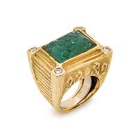 KATY BRISCOE, YELLOW GOLD, CARVED EMERALD AND DIAMOND RING