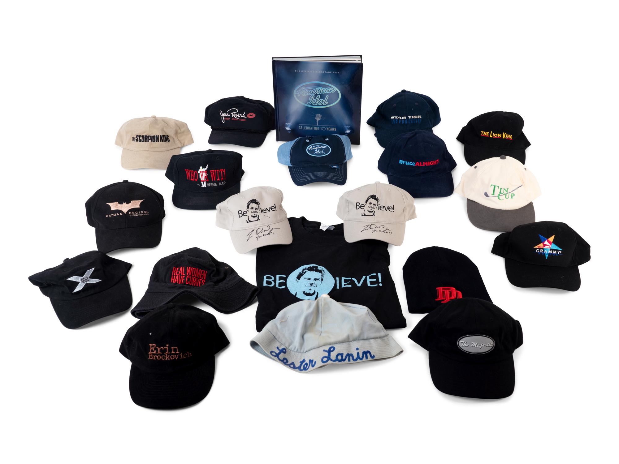 (Film Clothes) A group of unsigned hats and a book from movies and TV shows, comprising: