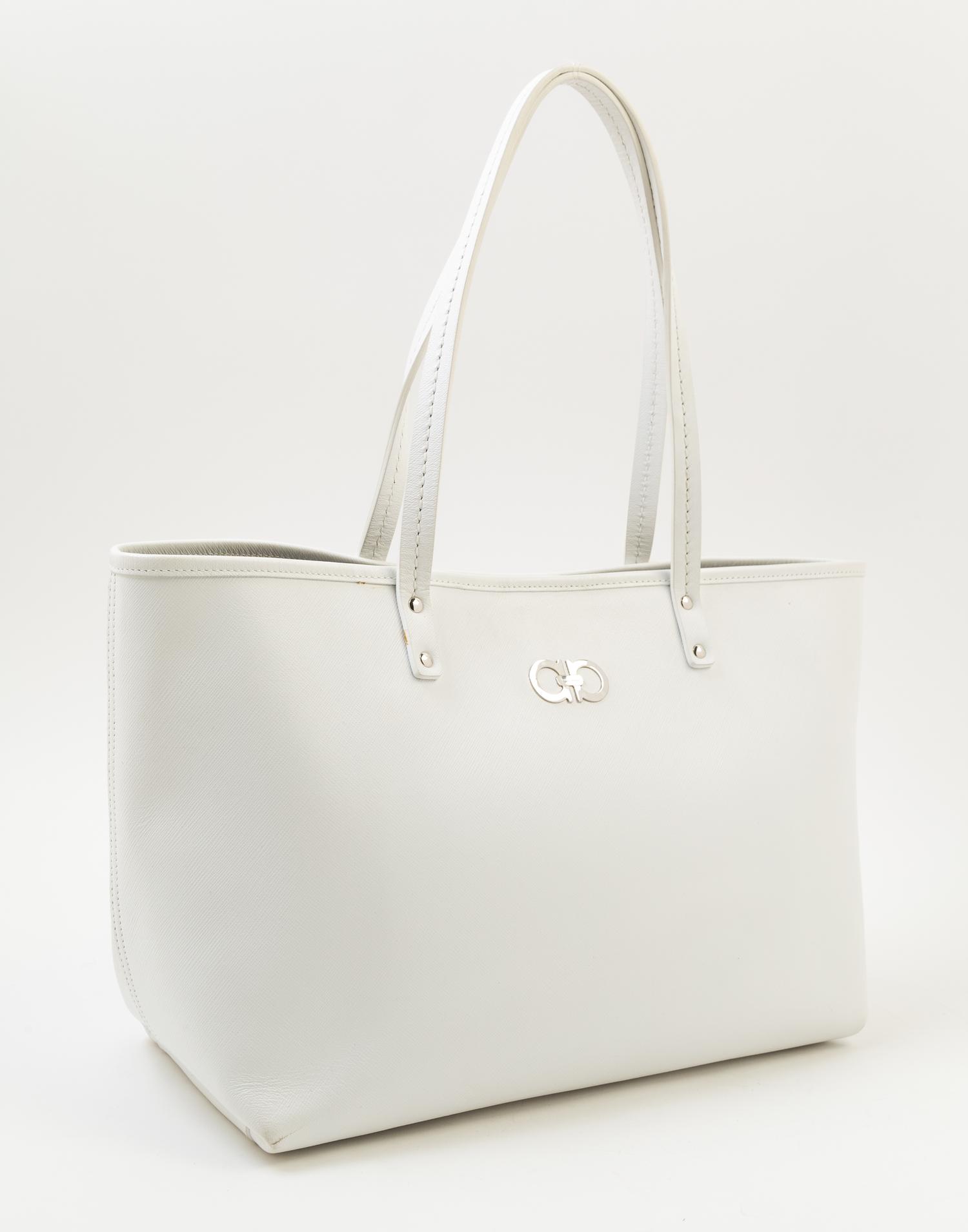 A Salvatore Ferragamo White Leather Tote Bag, 12.25" x 9.75" x 5.75"; Strap drop: 8.5".