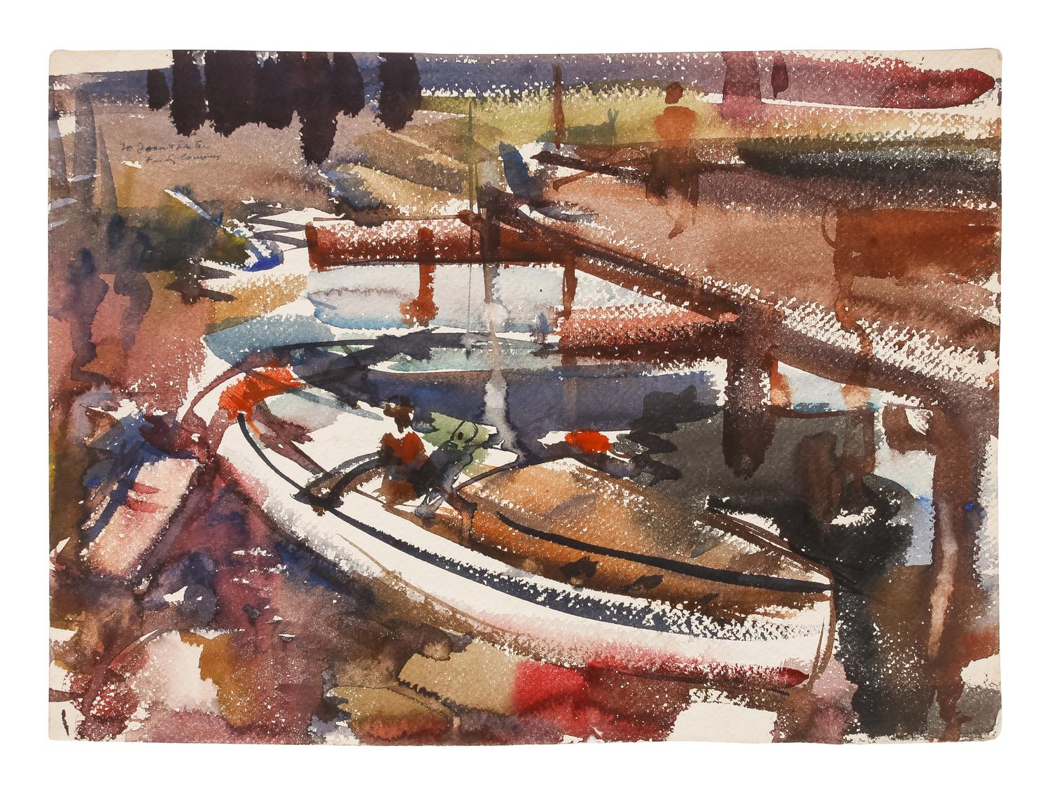Three works: Harbor Scene; Street Scene and Docked Boat