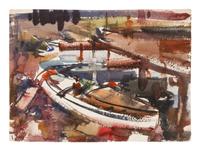 Three works: Harbor Scene; Street Scene and Docked Boat