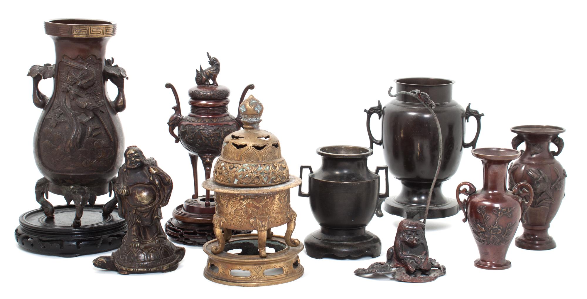 A Collection of Chinese and Japanese Bronze Articles Height of tallest 10 1/2 inches.
